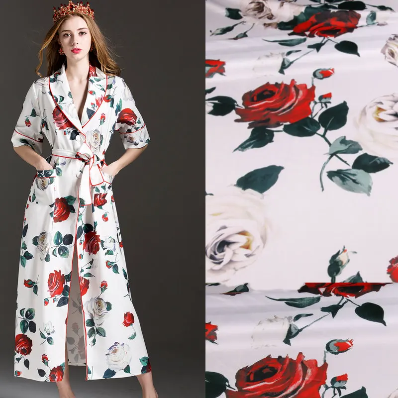 white rose flowers printed silk satin fabric tissue,women pajamas dress