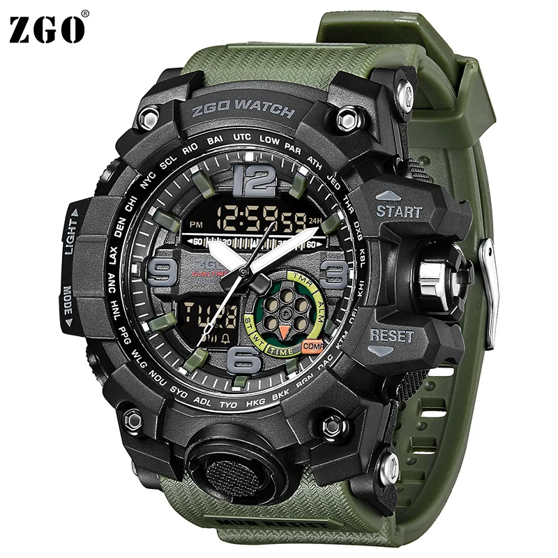ZGO Лидирующий бренд Dual Time Спортивные часы для мужчин светодио дный светодиодный