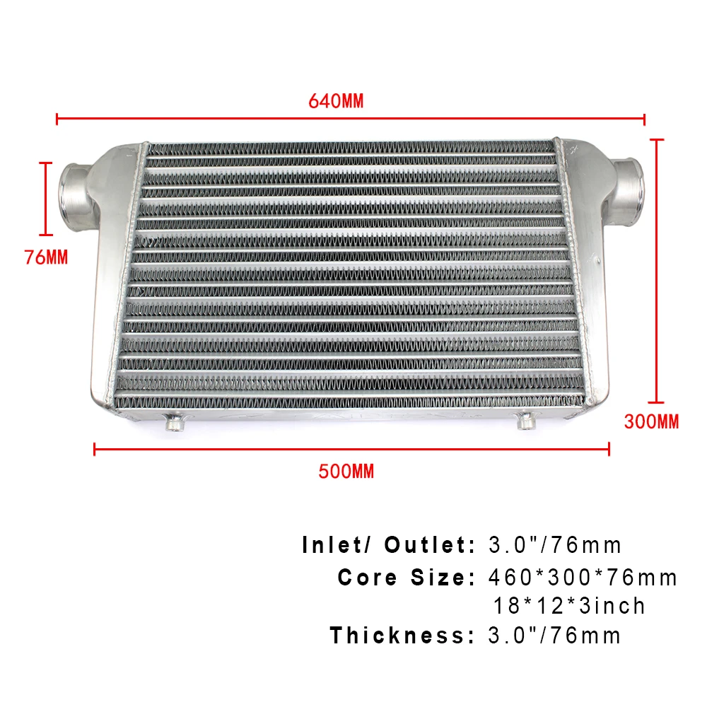 R-EP, интеркулер, универсальный, 460x300x76 мм, алюминиевый радиатор, 3 дюйма, на входе 76 мм, на выходе, воздухозаборник холодного воздуха для турбо автомобиля