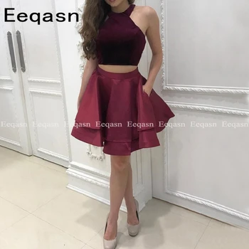 

Burgundy Cocktail Dresses Party Short Two pieces Prom Graduation Gowns 2020 Sexy Backless robe de cocktail vestido curto