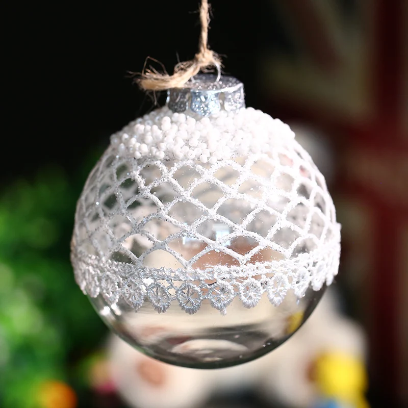

80mm Wedding Glass ball / White Mesh with Laciness/ Valentine Day New Year Christmas Decoration Birthday Valentine Bauble Gift