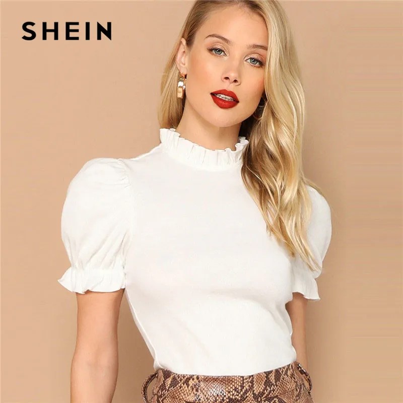 SHEIN Однотонная Футболка С Пышными Рукавами Летняя Футболка С Воротником-стойкой Для Офиса Элегантная Женская Футболка С Коротким Рукавом