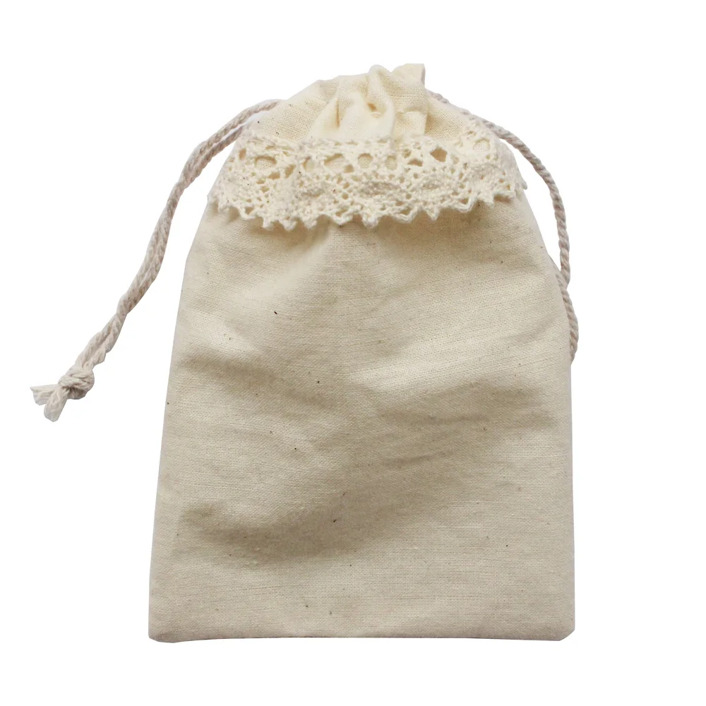 

(50pcs/lot) Lace natural organic cotton promotional drawstring cotton gift bag pouch cutomize logo and size