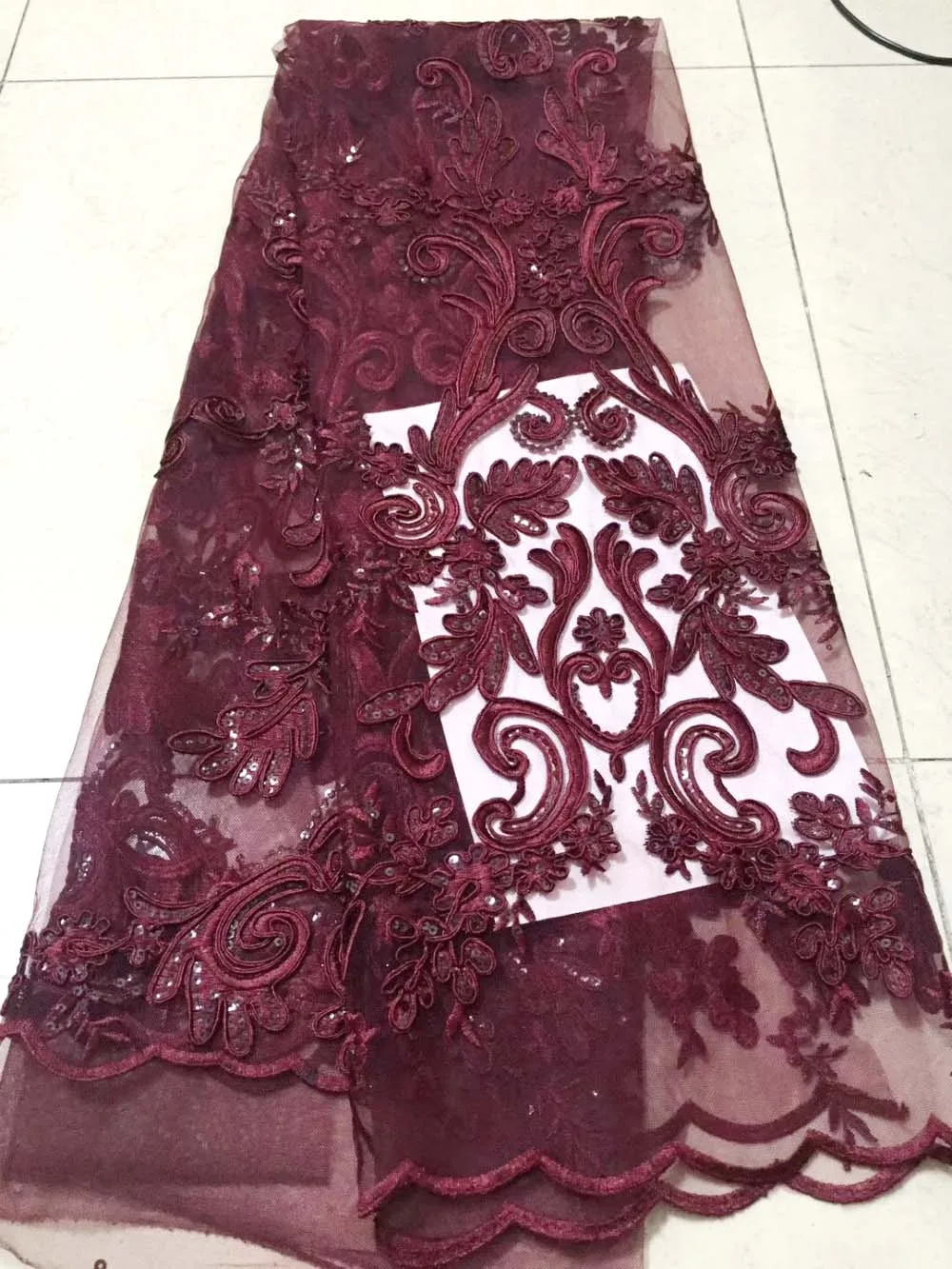 

Hot sale embroidery sequin lace fabric fushia wine red african lace fabric with sequin 5 yards net lace fabric