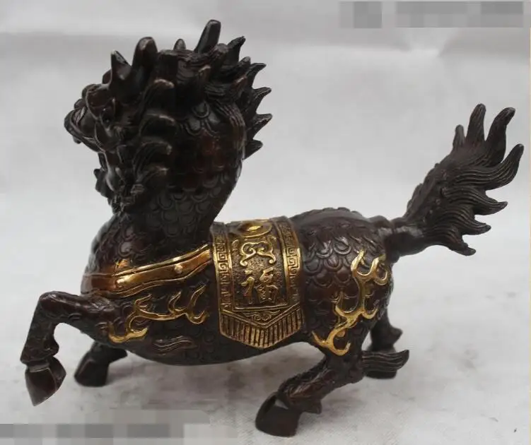 

song voge gem S6396 11" Chinese Purple Bronze Gild Fengshui Dragon Kylin Beast Unicorn Pixiu Statue
