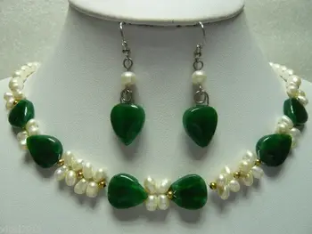 

A0503 Fast shipping +charming white pearl & green heart love jade necklace /earring set (0430)