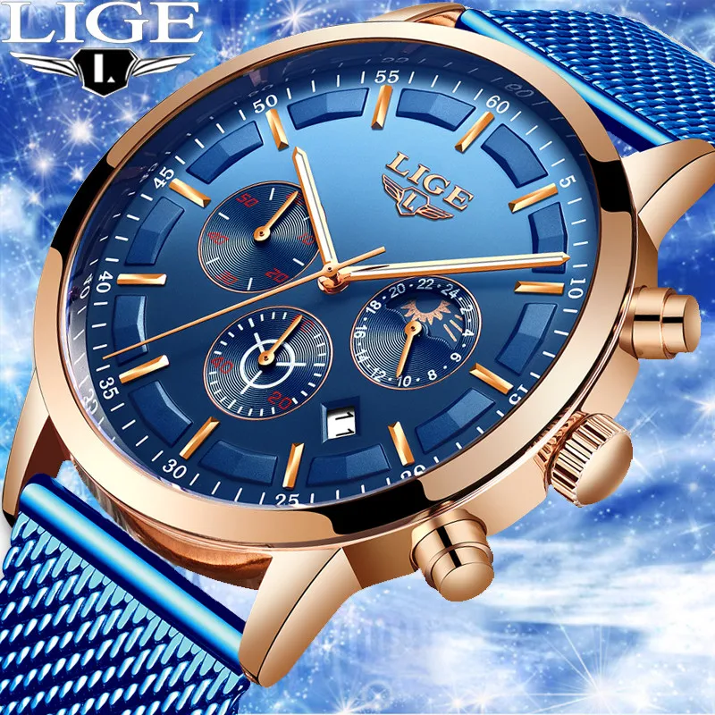

LIGE Quartz Luxury Waterproof Fashion Sport Style Mens Watches Top Brand Steel Mesh Belt Moon Phase Chronograph reloj hombre+Box