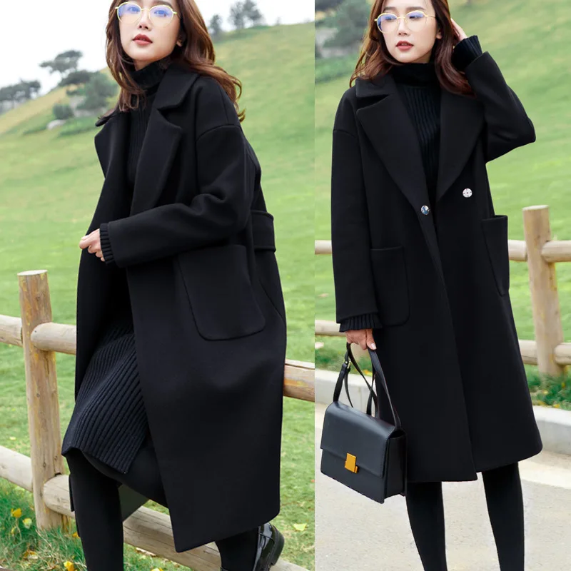 L-4XL размера плюс, повседневные женские шерстяные пальто, новинка, Осень-зима, модная Свободная куртка с карманами, женская верхняя одежда, длинное шерстяное пальто