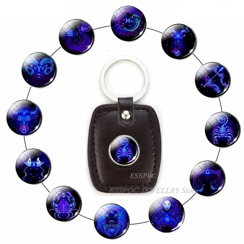 

12 Constellation Sign Leather Keychain Glass Cabochon Jewelry Zodiac Button Key Chain Cancer Leo Pendant Women DIY Birthday Gift