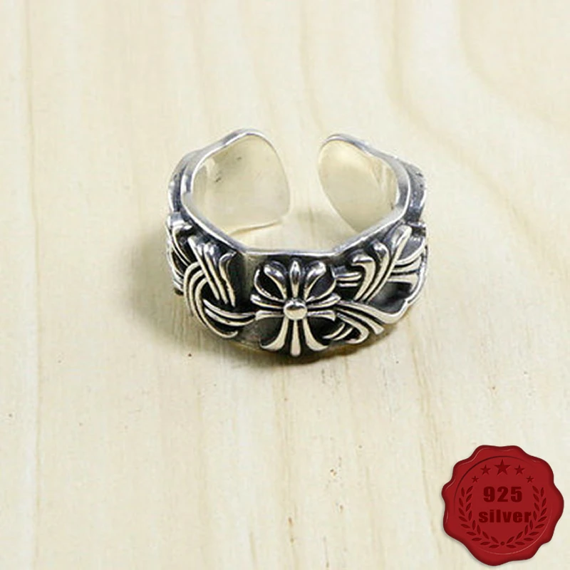 

925 sterling silver ring personality retro fashion cross flower domineering open rock hip hop accessories jewelry 2018 hot sale