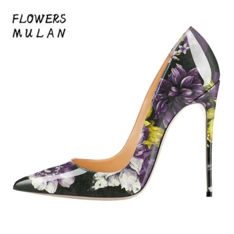 

12cm Printed Flowers Wedding Shoes Sexy Graffiti Womens High Heel Shoes Pointed Toe Apricot Party Dress Stiletto Heels Gladiator