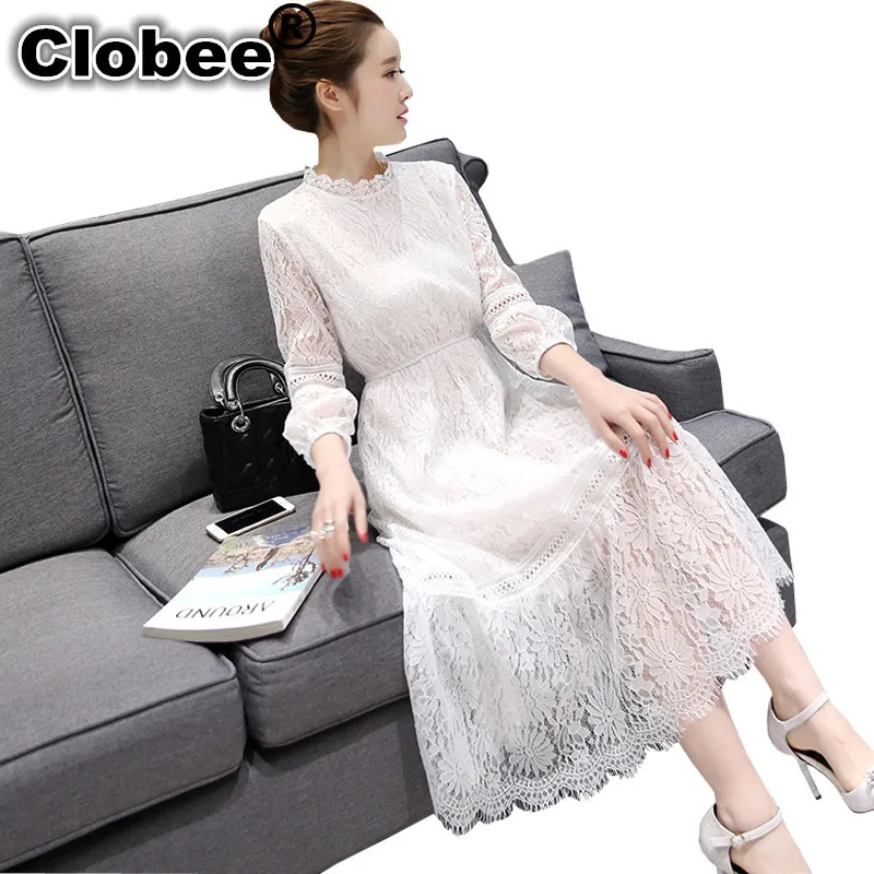 

Office 2019 Spring Autumn Long Lace Dress Plus Velvet Thick Warm Plus Size S-3XL Elegant Sweet Maxi Black White Dress Vestidos