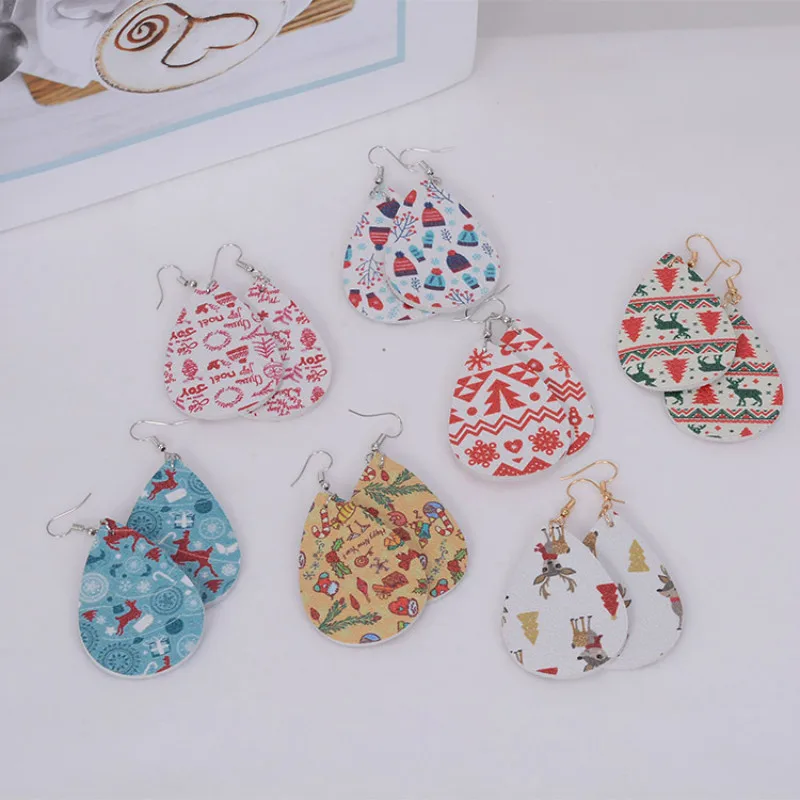 

8Seasons New Fashion Christmas Print Geometric Water-Drop Shaped PU Leather Earrings For Women Party Dangle Earrings Jewelry