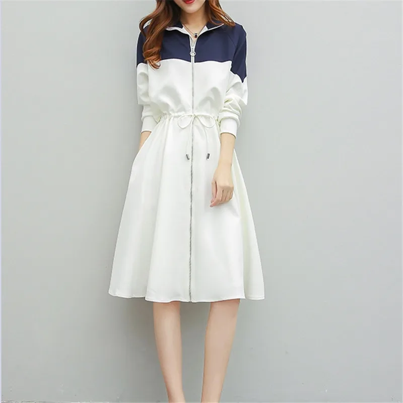 

2019 Spring Autumn Elegant Patchwork A-line Empire Woman Dress Female Color Block Long Sleeve Stand Zipper Dresses Veatidos