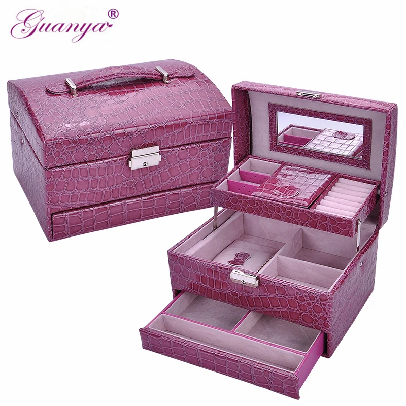 

Guanya Brand Jewelry Storage Box Three Layer With Mirror&Lock PU Leather Display Lockable Travel Jewelry Organizer Gift case