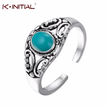 Kinitial 925 Thai Silver Vintage Open Rings Green Stone Elegant Lady Finger Around Rings Jewelry Bijoux Femme