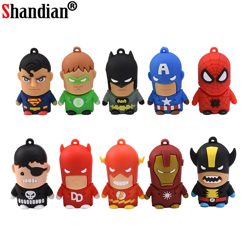 

SHANDIAN Cartoon Super Hero USB Flash Drive 4GB 16GB 32GB 64GB Iron Man Flash Memory Batman Pendrive Captain America Pen Drives