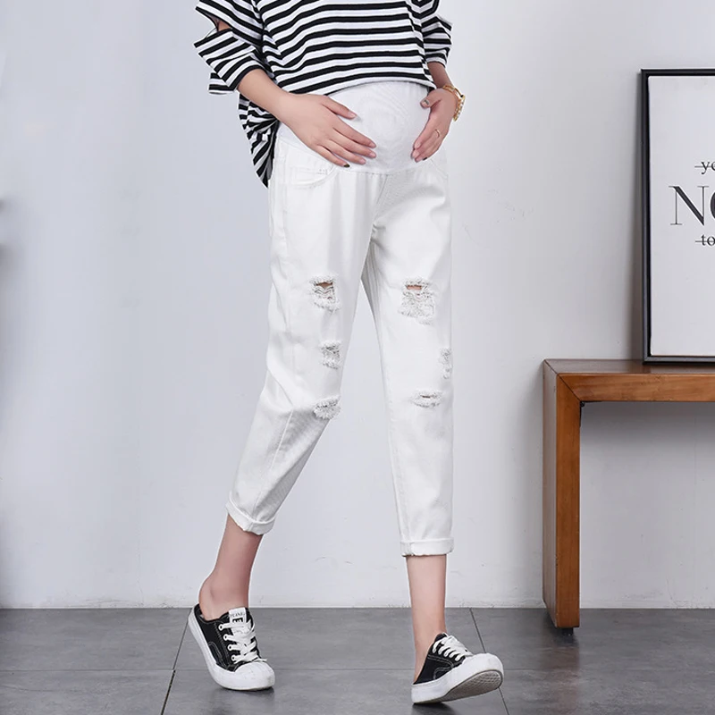 

Autumn White Maternity Jeans for Pregnant Women Ripped Trousers for Pregnant Women High Waist Belly Care Pregnancy Pants Clothes