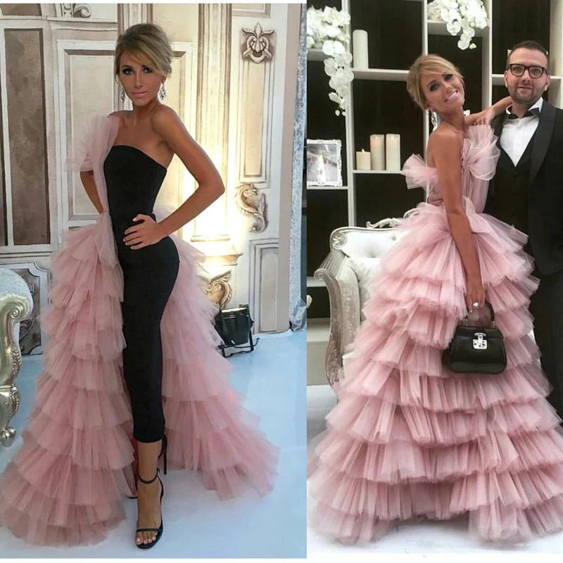 

Gorgeous Pink Tulle Layered Ruffles Chic Evening Gowns 2018 New Cascading Ruffle Long Formal Celebrity Party Dress Prom Gowns