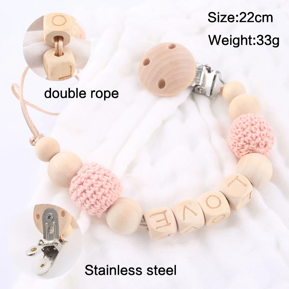 1PC Custom Baby Name Personalised Wood Beads Binky Clip Pacifier Chain Holder Chew Toys Nipple Holder Baby Gift Wooden Teether