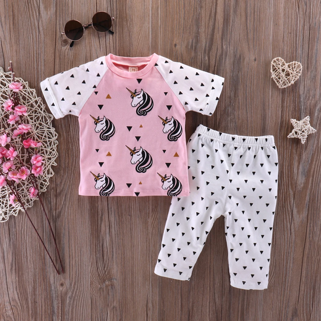 2018 New 2pcs Newborn Baby Baby Girls Clothes Set Unicorn Printed T Shirt +Long Pants+Headband