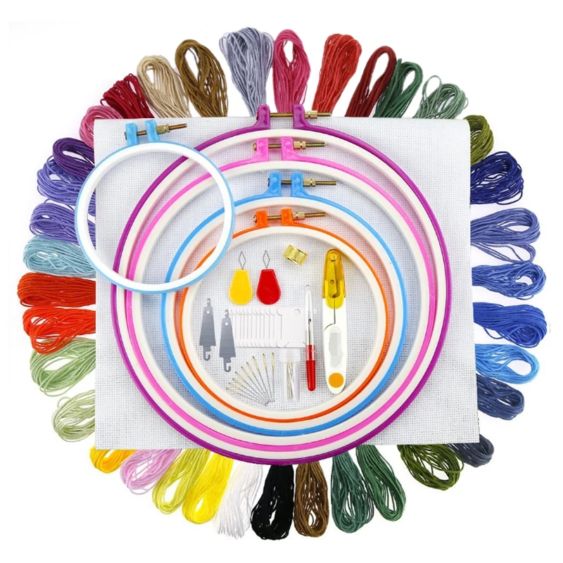 

Full range of embroidery starter kit Cross stitch kit includes 5 plastic embroidery hoops, 36 color lines +50 accessories +1 E