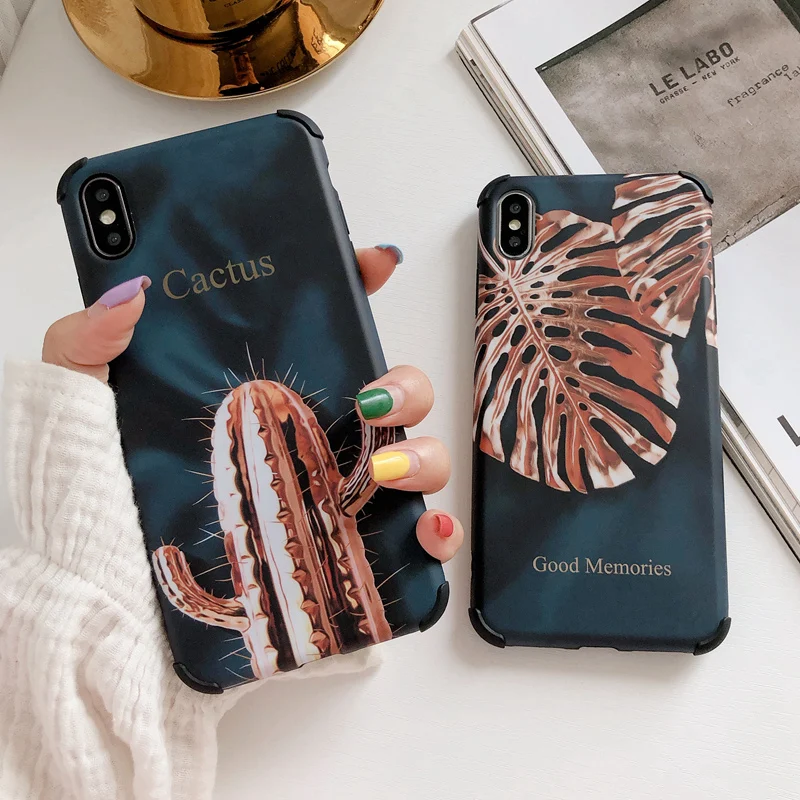 

Retro Tropical Monstera Leaf Case For iPhone 7 6 6S 8 Plus 7Plus Soft TPU Cactus Case for iPhone XR X XS Max Matte Back Cover