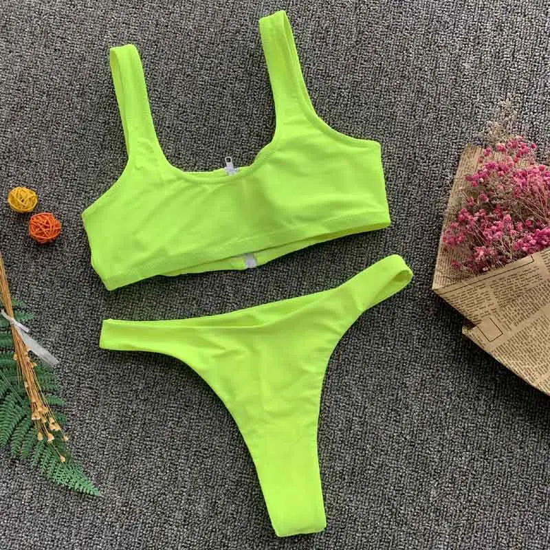 Сексуальный ни один зеленый с высоким вырезом женский купальник бикини Женская одежда для плавания комплект бикини на молнии купальный костюм для плавания 5109