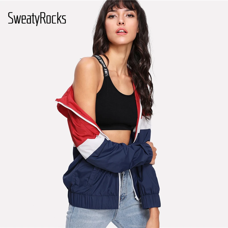 Толстовка SweatyRocks с капюшоном, ветровка, куртка с цветными блоками, пальто с карманами на молнии, Женская Осенняя спортивная куртка для активного отдыха