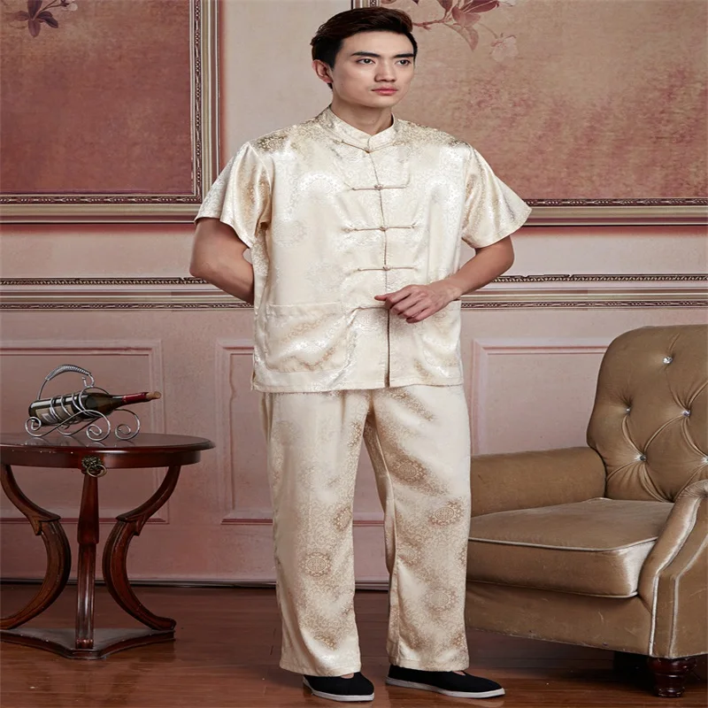 Продвижение китайский для мужчин Tai Chi форменная традиционная шелковая атласная кунг-фу костюм короткий рукав Wu Shu одежда размер L XL XXL XXXL
