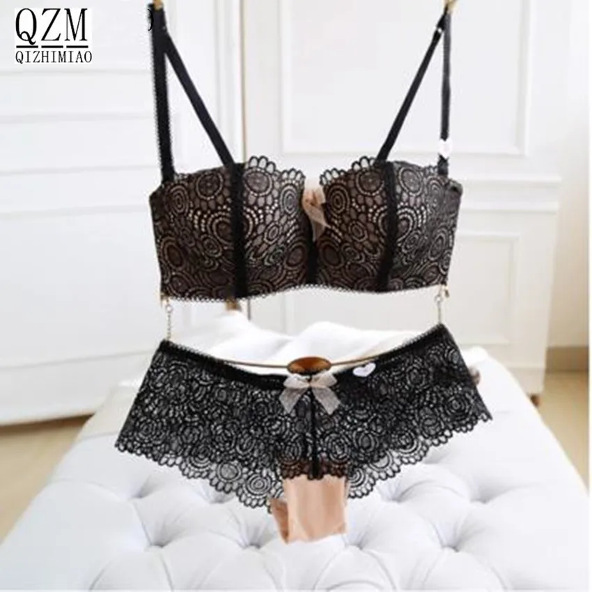 

Sexy push up bra briefs set romantic lace wireless cup young girl bra set white tube top design underwear thin lingerie set