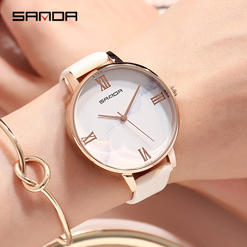 

SANDA Simple Marble Dial Watches Women Fashion Dress Watch Small Bracelet Leather Female Clock Brand Ladies Wristwatches White