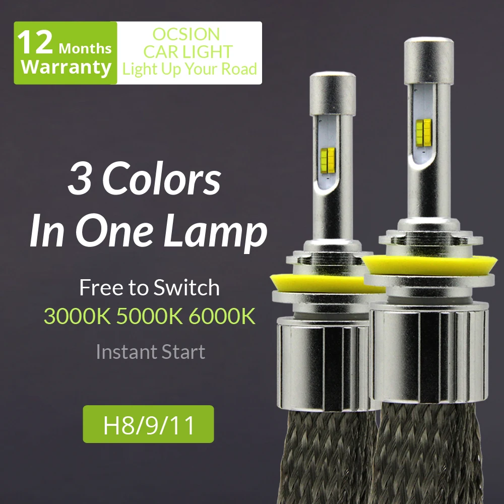 

H8 H9 H11 LED Headlight bulb 60w 7200lm Automobiles Headlights 3000k 5000k 6000k Car Fog Lamp Yellow 3 colors in one lamp
