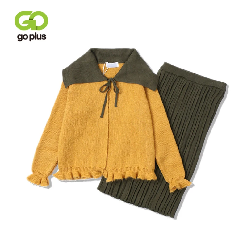 

GOPLUS 2019 Two Piece Set Knit Skirt Suit Winter Sweater Suit Set for Women Ruffle Cardigan Wool Sweater Elastic Cashmere Suit