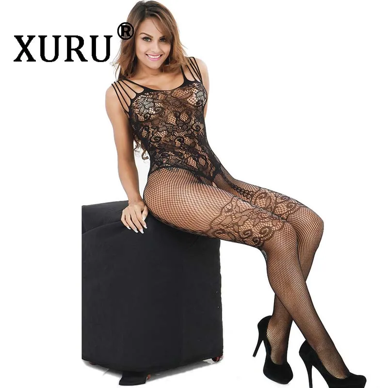

XURU new sling sexy black onesies openwork jacquard mesh jumpsuit club party nightclub onesies