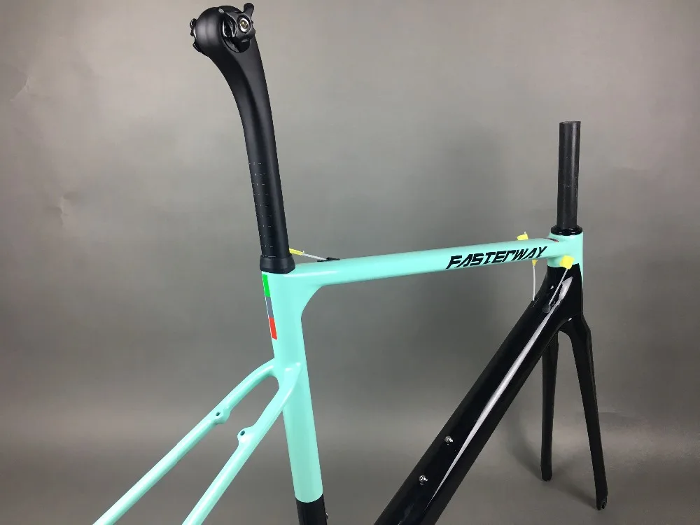 Cheap light blue 2019 TAIWAN FASTERWAY classic carbon road frameset UD weaves carbon bike frame:Frameset+Seatpost+Fork+Clamp+Headset 21