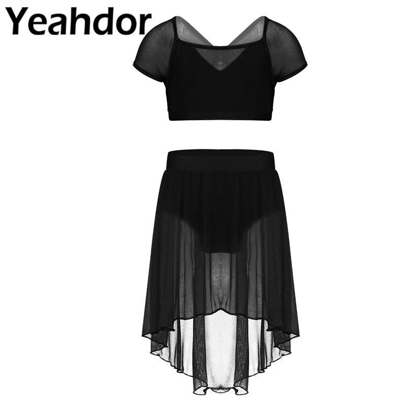 

Kids Girls Splice Cap Sleeves Ballet Dance Gymnastics Crop Top with Mesh Skirt Outfit Set Ballet Leotard Dress Ballerina Costume