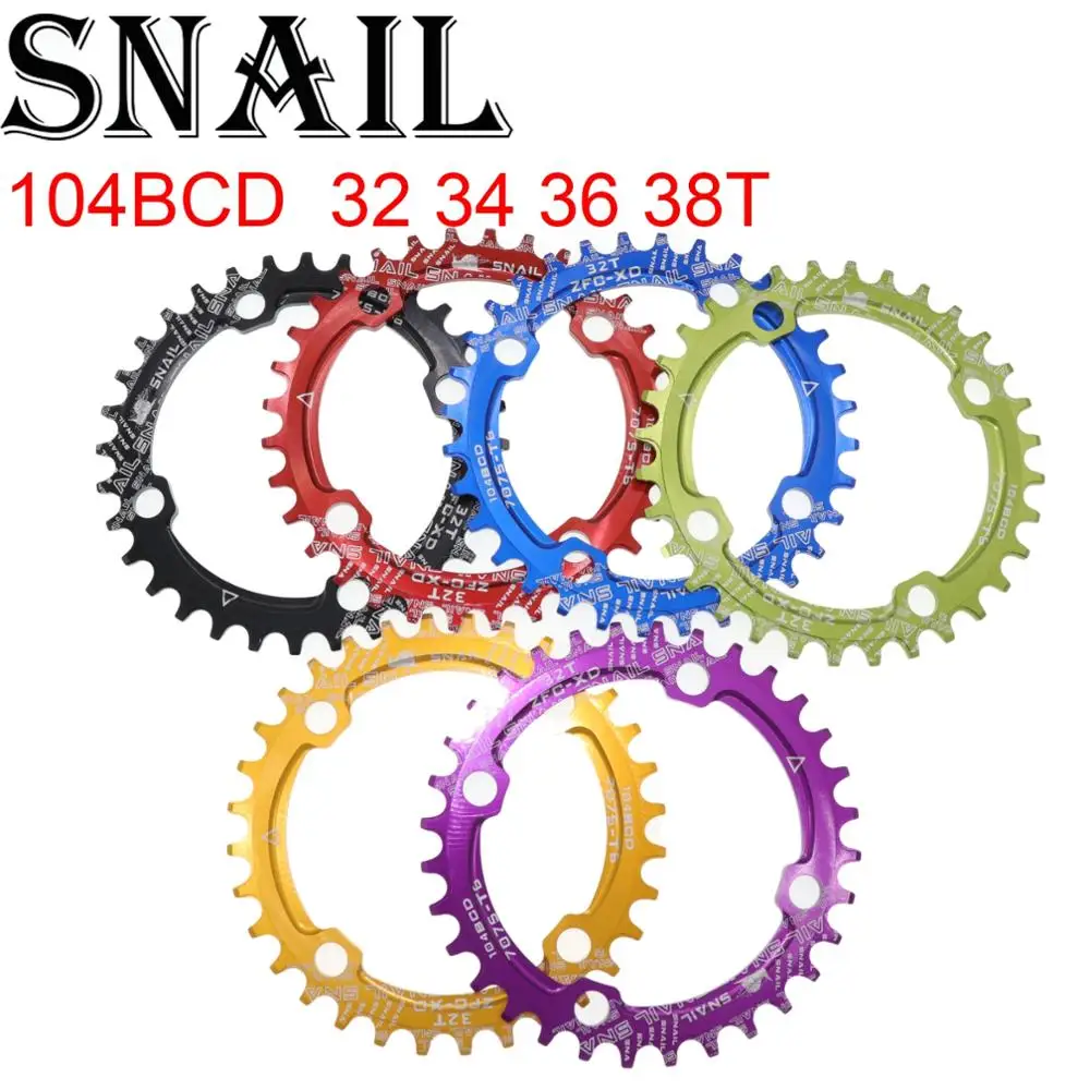 Улитка Chainring 104 BCD круглый 32 34 36 38 т зуб узкий n широкий Сверхлегкий пластина MTB горный велосипед 104BCD цепи кольцо