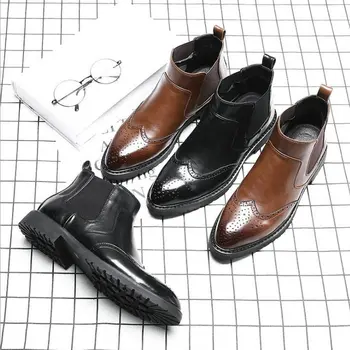 

Men short Boots 2019 New Male Chelsea Boots Leather Ankle Boots Men Bullock Oxfords Leather British Wedding formal Shoes LK-27