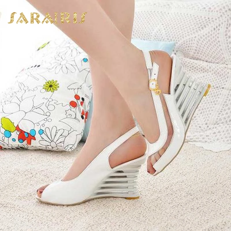 

SaraIris 2018 large size3 34-43 Summer wedge High Heel Peep Toe Buckle Up Party White Black Blue Pink women Shoes Woman Sandals