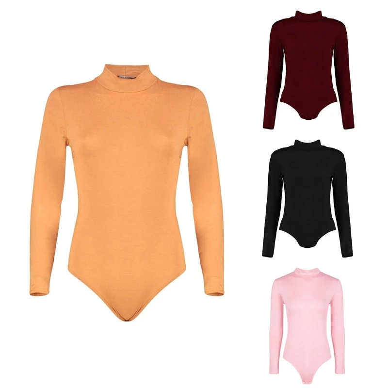 Для женщин с высоким воротом и длинными рукавами Твердые Bodycon Slim fit боди Купальник