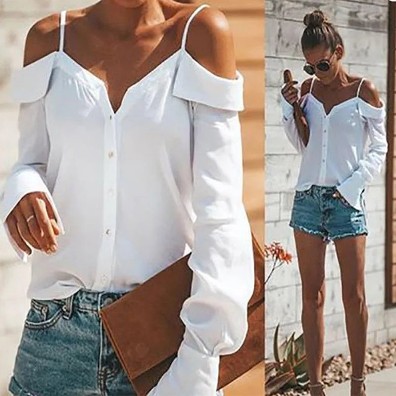

Uguest Women White Shirt Off Shoulder Top Lantern Sleeve Button V-neck Stylish Women t-shirts Casual Solid Summer T-shirts