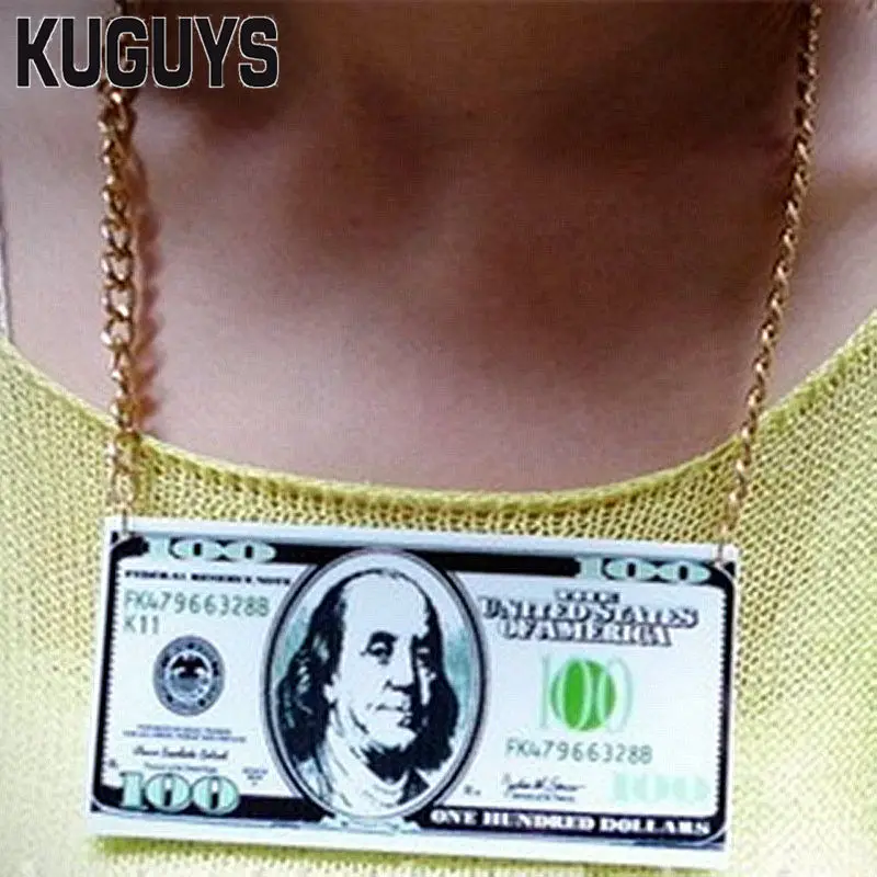

KUGUYS Jewelry Gold Link Chain Necklaces for Women Fashion HipHop Acrylic 100 Dollar Large Pendant Necklace Woman