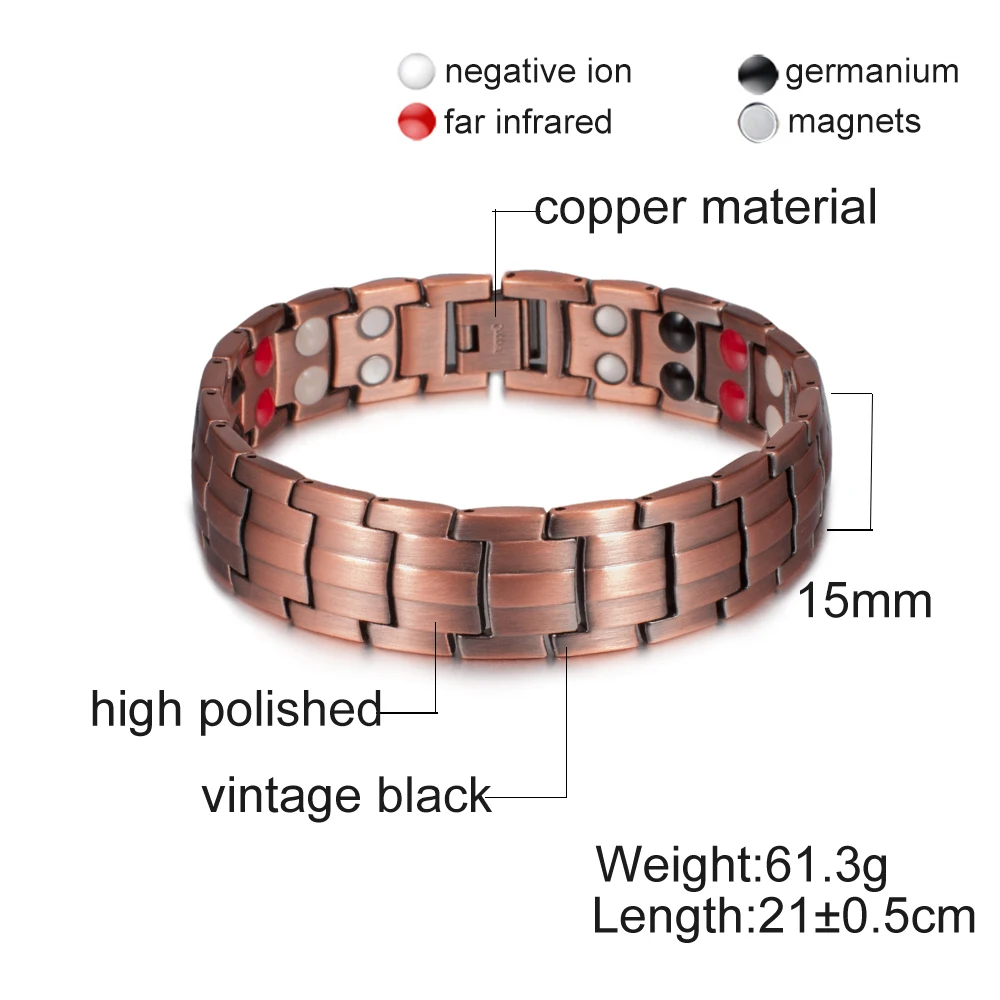 Pure Copper Bracelet Men Energy Germanium Magnetic Bracelet Copper Vintage Hologram Chain Link Bracelets for Men Arthritis