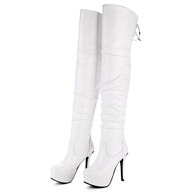 Большие размеры 48; высокие сапоги до бедра; модные женские сапоги выше колена; пикантные женские вечерние туфли на платформе и высоком каблуке для ночного клуба; цвет белый - Цвет: white