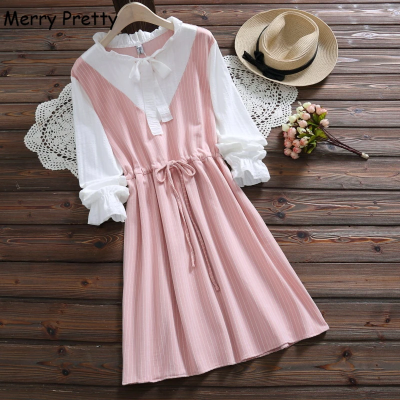 

Merry Pretty Women Striped Patchwork A-Line Dress Bow Neck Long Sleeve Female 2019 Summer Sweet Style chic Mini Lace Up Dresses