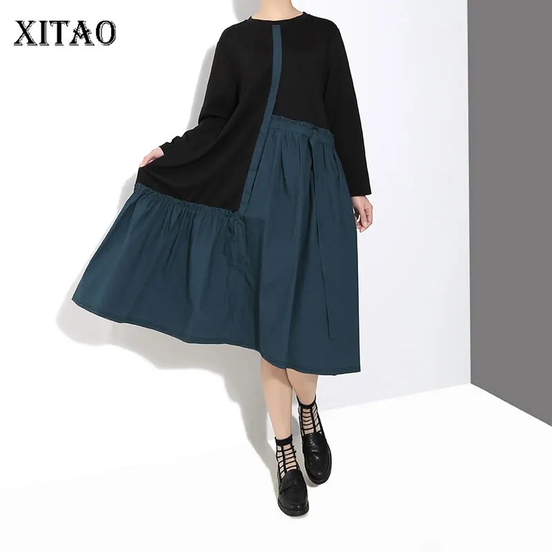 

XITAO Women Pleated Summer Dress Patchwork O Neck Pullover Loose Fashion 2019 Spring Summer Full Sleeve Irregular DLL2046