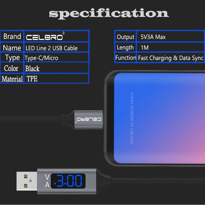 Светодиодный кабель с цифровым дисплеем mi cro, usb type C, 3 А, быстрая зарядка QC3.0, кабель для samsung S10 Note 10, Xiaomi mi, 9, USB кабель для зарядки