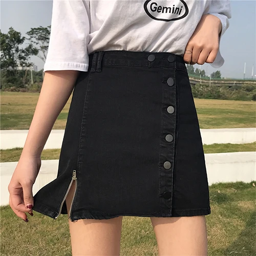 TIGENA, Модная Джинсовая юбка для женщин,, летняя, размера плюс, 5XL, мини, короткая джинсовая юбка, женская, высокая талия, трапециевидная, на пуговицах, юбка для школы - Цвет: Черный