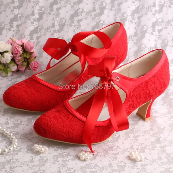 6 Colors Wedopus Custom Handmade Chunky Low Heel Women Shoes for Wedding Red Lace